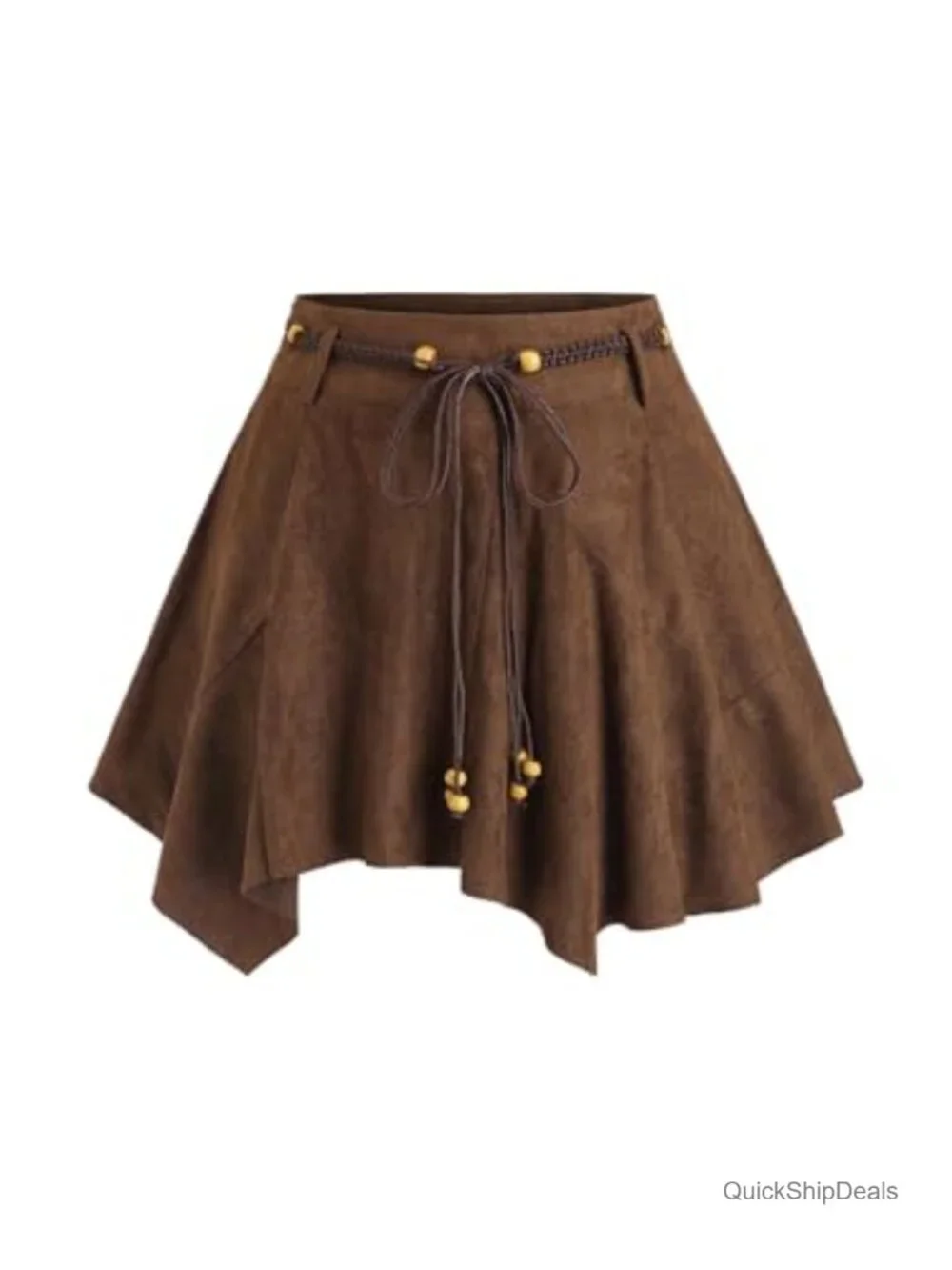 Faux Suede Flowy A-Line Skirt with Belt Low Rise Short Skirt